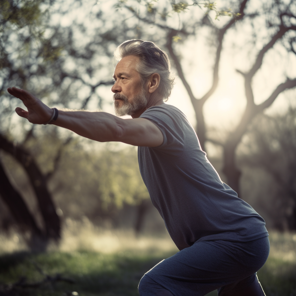 A mature man in his early 50s practicing yoga outdoors in warrior pose, demonstrating strength and balance, with a peaceful expression and natural lighting highlighting his focused concentration and healthy lifestyle