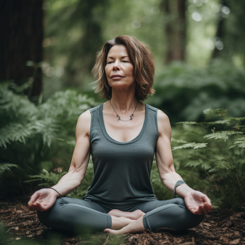 A serene woman in her late 40s practicing yoga in a peaceful outdoor setting, sitting in lotus position with eyes closed, surrounded by natural greenery, embodying mindfulness and inner peace